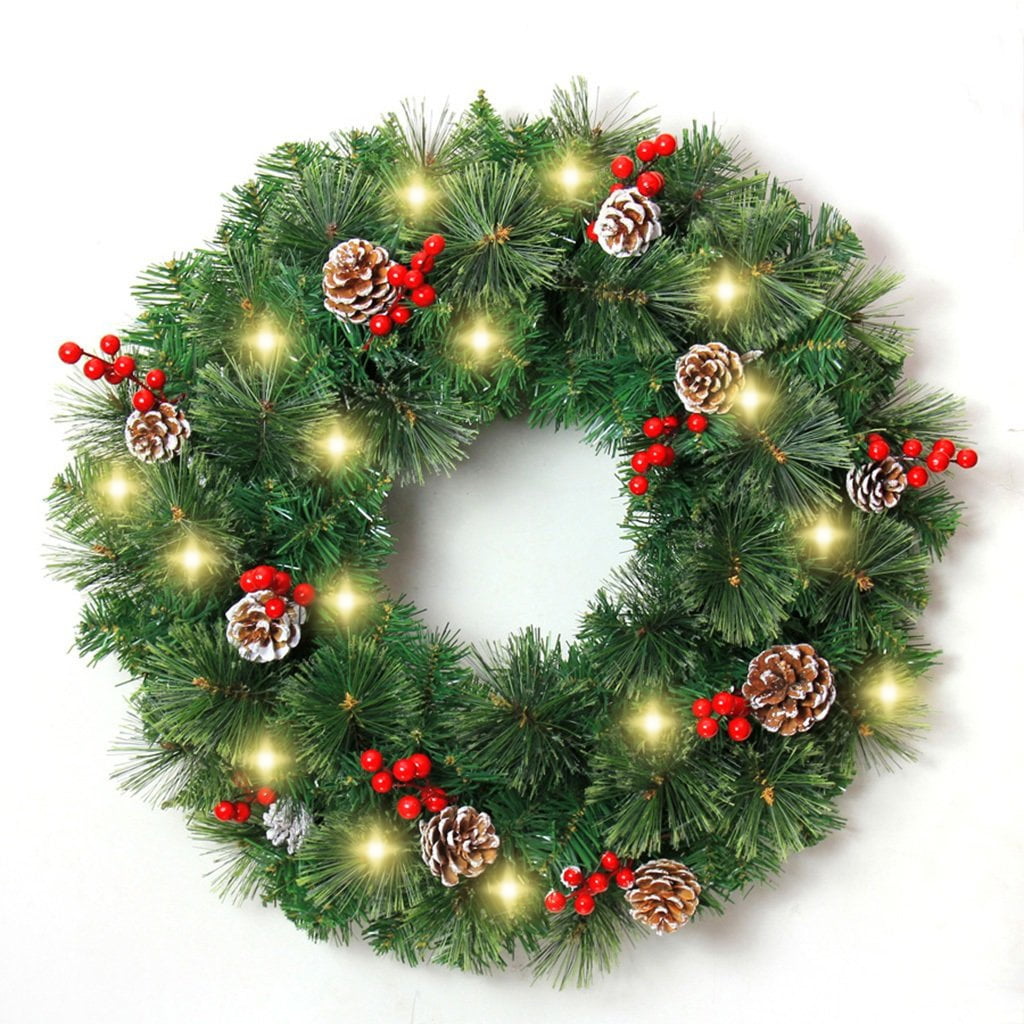 Melliful 24" Pre-Lit Christmas Wreaths ,Outdoor Lighted Christmas Wreath for Front Door ,Christmas Red Berries, Pine Cones Wreath, Xmas Wreath Decor for Window Fireplace Indoor ,Green