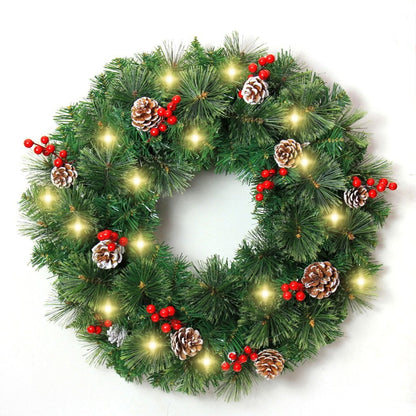 Melliful 24" Pre-Lit Christmas Wreaths ,Outdoor Lighted Christmas Wreath for Front Door ,Christmas Red Berries, Pine Cones Wreath, Xmas Wreath Decor for Window Fireplace Indoor ,Green