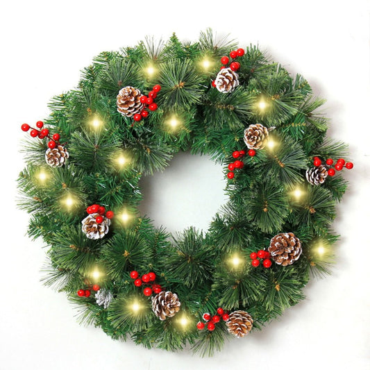 Melliful 24" Pre-Lit Christmas Wreaths ,Outdoor Lighted Christmas Wreath for Front Door ,Christmas Red Berries, Pine Cones Wreath, Xmas Wreath Decor for Window Fireplace Indoor ,Green