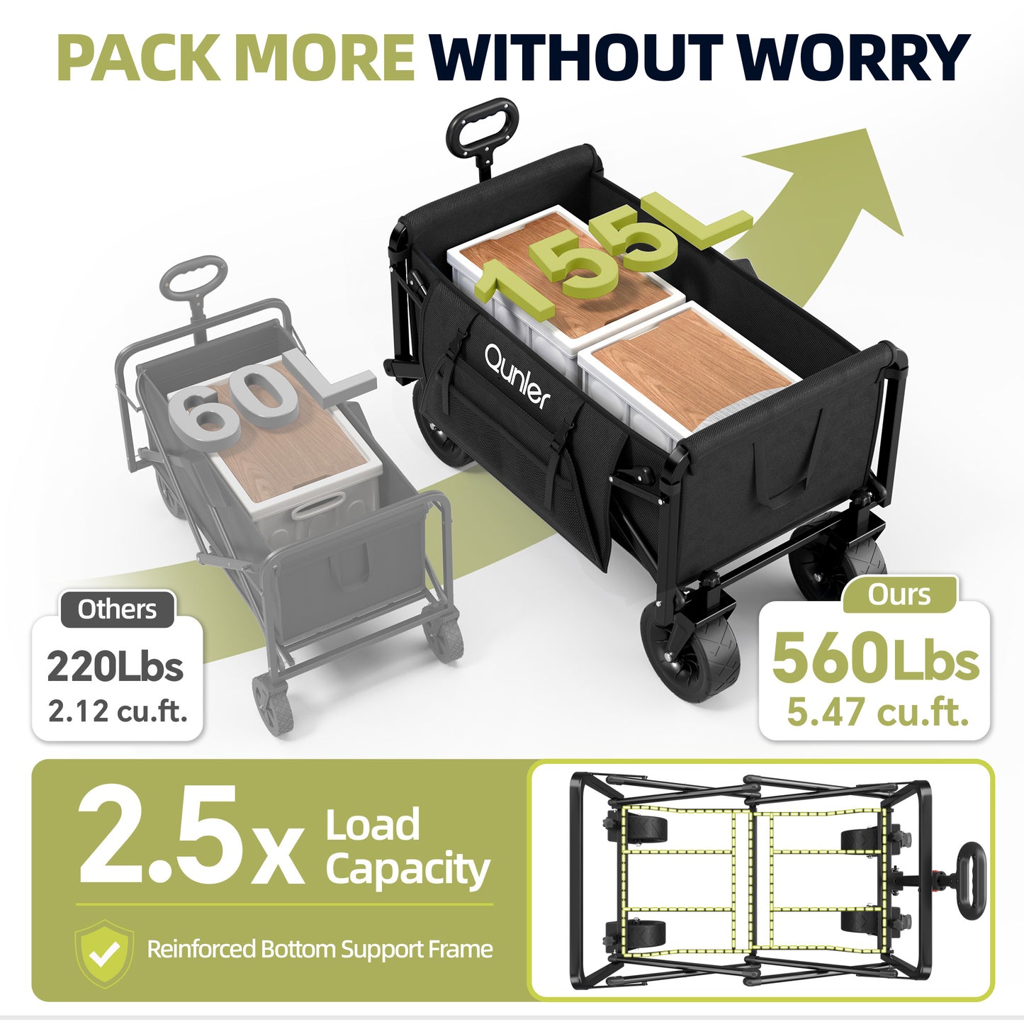 Qunler Collapsible Wagon Cart, 560lbs Heavy Duty Large Utility Garden Cart with Brake Wheels and Side Pocket for Camping, Shopping, Kids, Sports, Grocery, Black