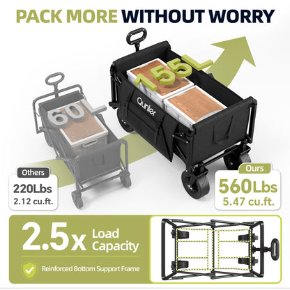 Qunler Collapsible Wagon Cart, 560lbs Heavy Duty Large Utility Garden Cart with Brake Wheels and Side Pocket for Camping, Shopping, Kids, Sports, Grocery, Black