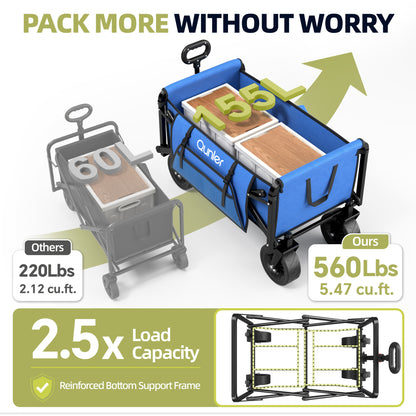 Qunler 560lbs Collapsible Folding Wagon, Heavy Duty Utility Beach Cart with 8" Wheels and Side Pocket, Large Capacity for Camping, Beach, Shopping, Sports, Outdoor, Blue