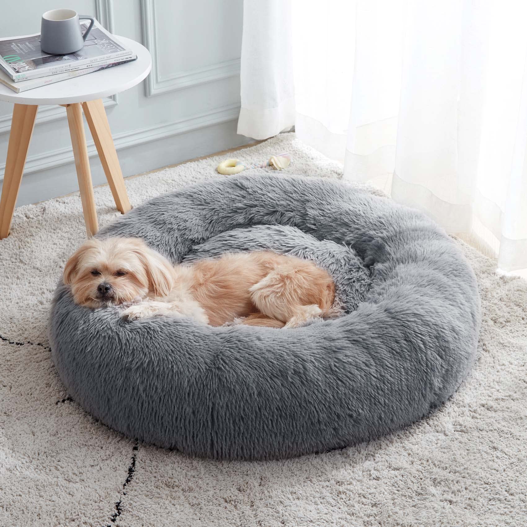 Calming Dog & Cat Bed, Anti-Anxiety Donut Cuddler Warming Cozy Soft Round Bed, Fluffy Faux Fur Plush Cushion bed for Small Medium Dogs and Cats, 24"