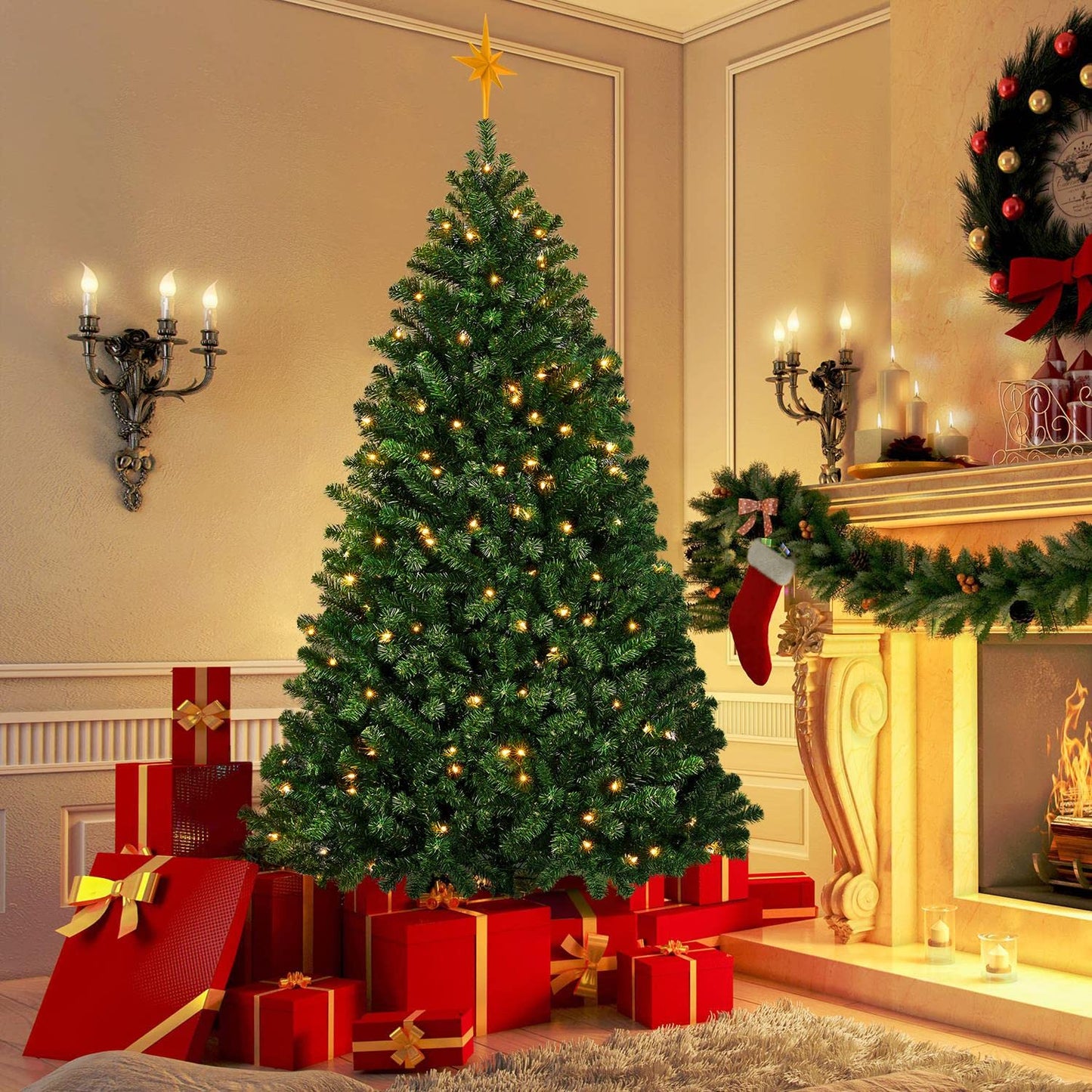 Melliful 6FT PRE-Lit Christmas Tree with 888 Tips, 200 Lights, Metal Base, Holiday Xmas Tree for Home Party Decoration