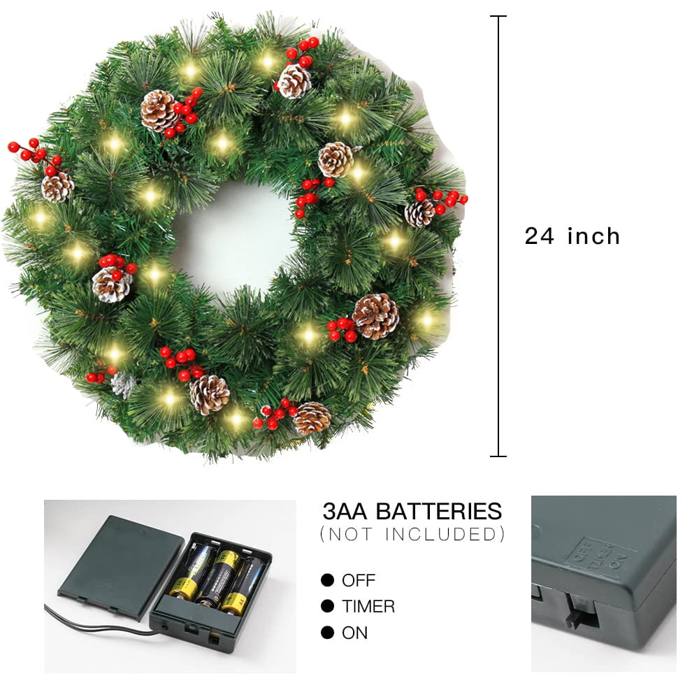 Melliful 24" Pre-Lit Christmas Wreaths ,Outdoor Lighted Christmas Wreath for Front Door ,Christmas Red Berries, Pine Cones Wreath, Xmas Wreath Decor for Window Fireplace Indoor ,Green