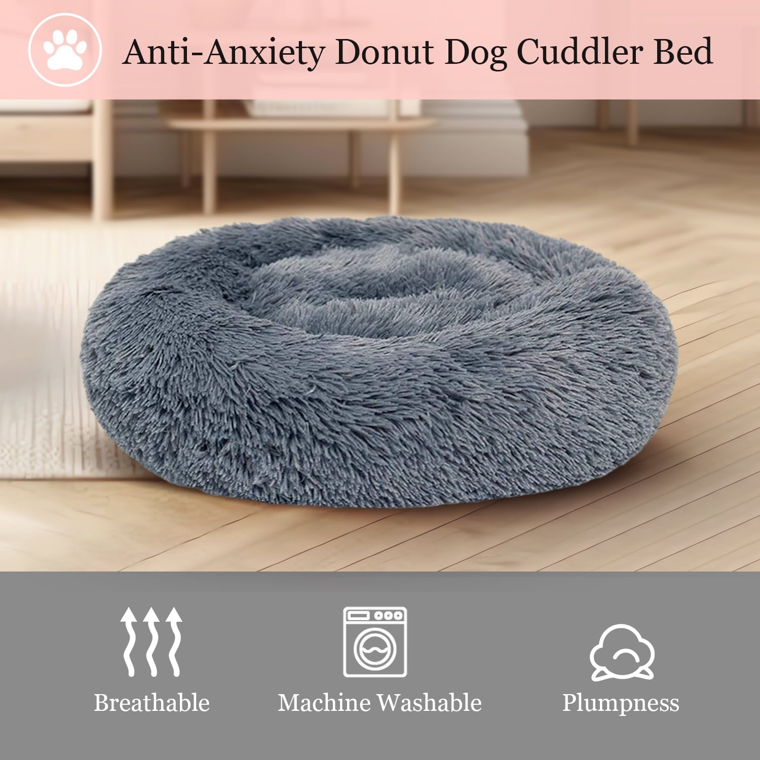 Calming Dog & Cat Bed, Anti-Anxiety Donut Cuddler Warming Cozy Soft Round Bed, Fluffy Faux Fur Plush Cushion bed for Small Medium Dogs and Cats, 24"