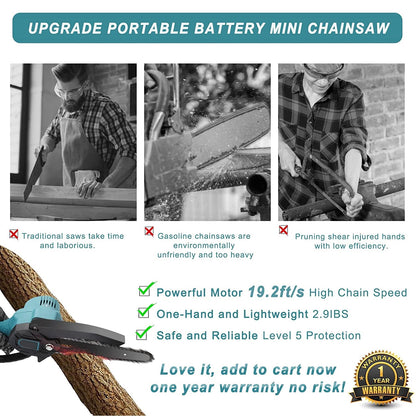 6 inch & 4 inch Mini Chainsaw, 2-in-1 Cordless Power Chainsaws with 2 Rechargebale Battery, Electric Pruning Saw for Garden Outdoor Tree Trimming Branch Wood Cutting