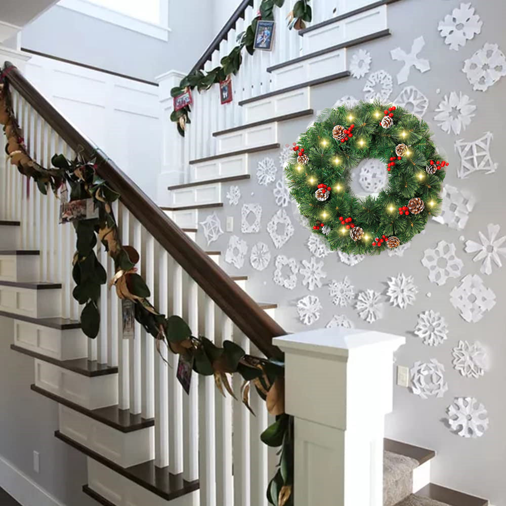 Melliful 24" Pre-Lit Christmas Wreaths ,Outdoor Lighted Christmas Wreath for Front Door ,Christmas Red Berries, Pine Cones Wreath, Xmas Wreath Decor for Window Fireplace Indoor ,Green