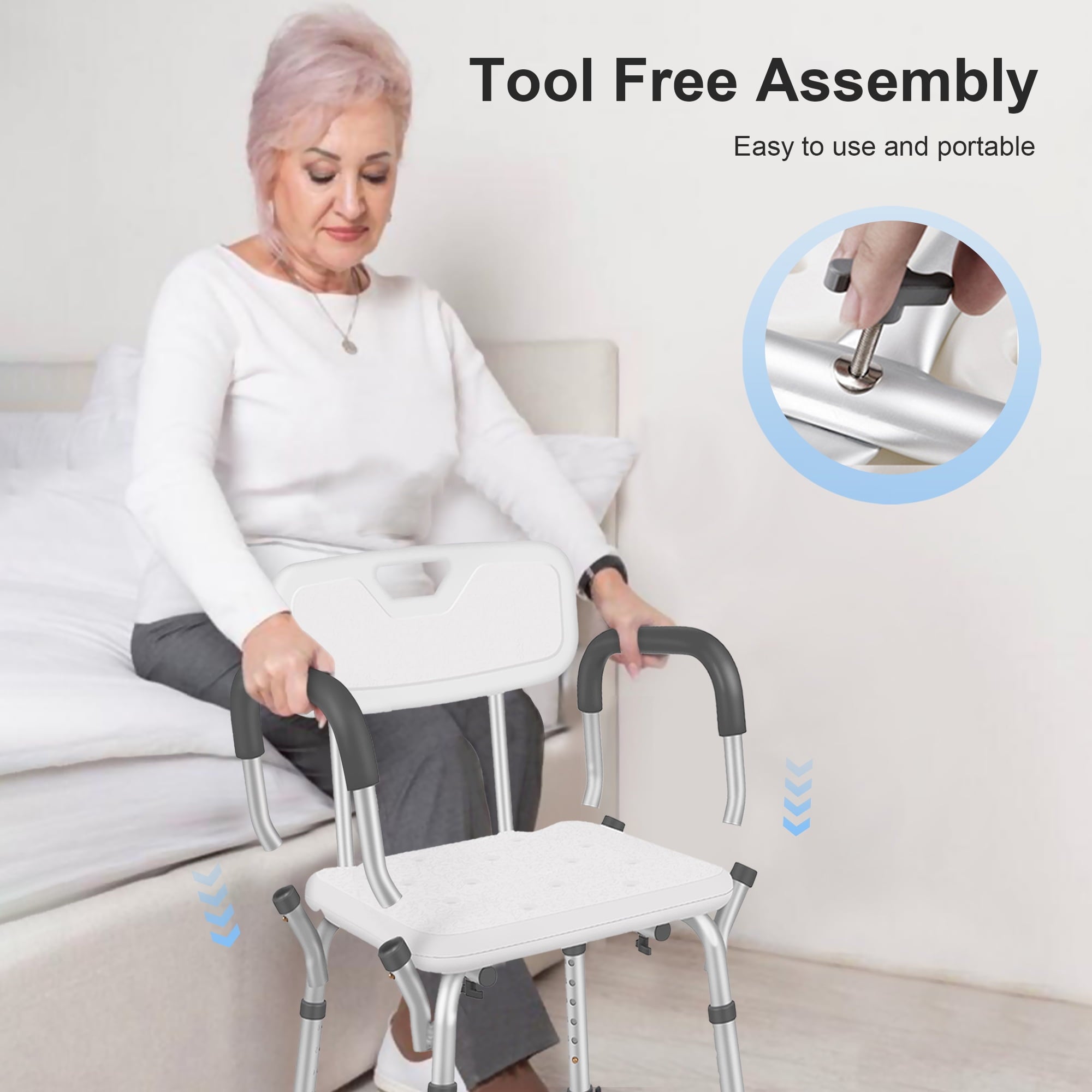 Posrue Adjustable Shower Chair, Shower Seat with Back and Padded Handles, Bath Chair for Seniors, Elderly, Disabled, Handicap and Injured, 350 lb Capacity