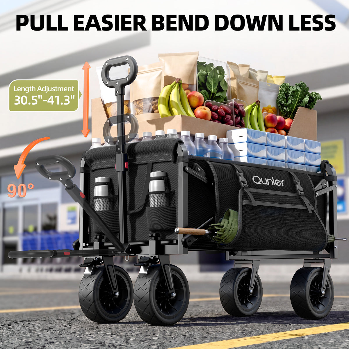 Qunler Collapsible Wagon Cart, 560lbs Heavy Duty Large Utility Garden Cart with Brake Wheels and Side Pocket for Camping, Shopping, Kids, Sports, Grocery, Black