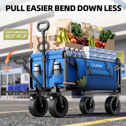 Qunler 560lbs Collapsible Folding Wagon, Heavy Duty Utility Beach Cart with 8" Wheels and Side Pocket, Large Capacity for Camping, Beach, Shopping, Sports, Outdoor, Blue