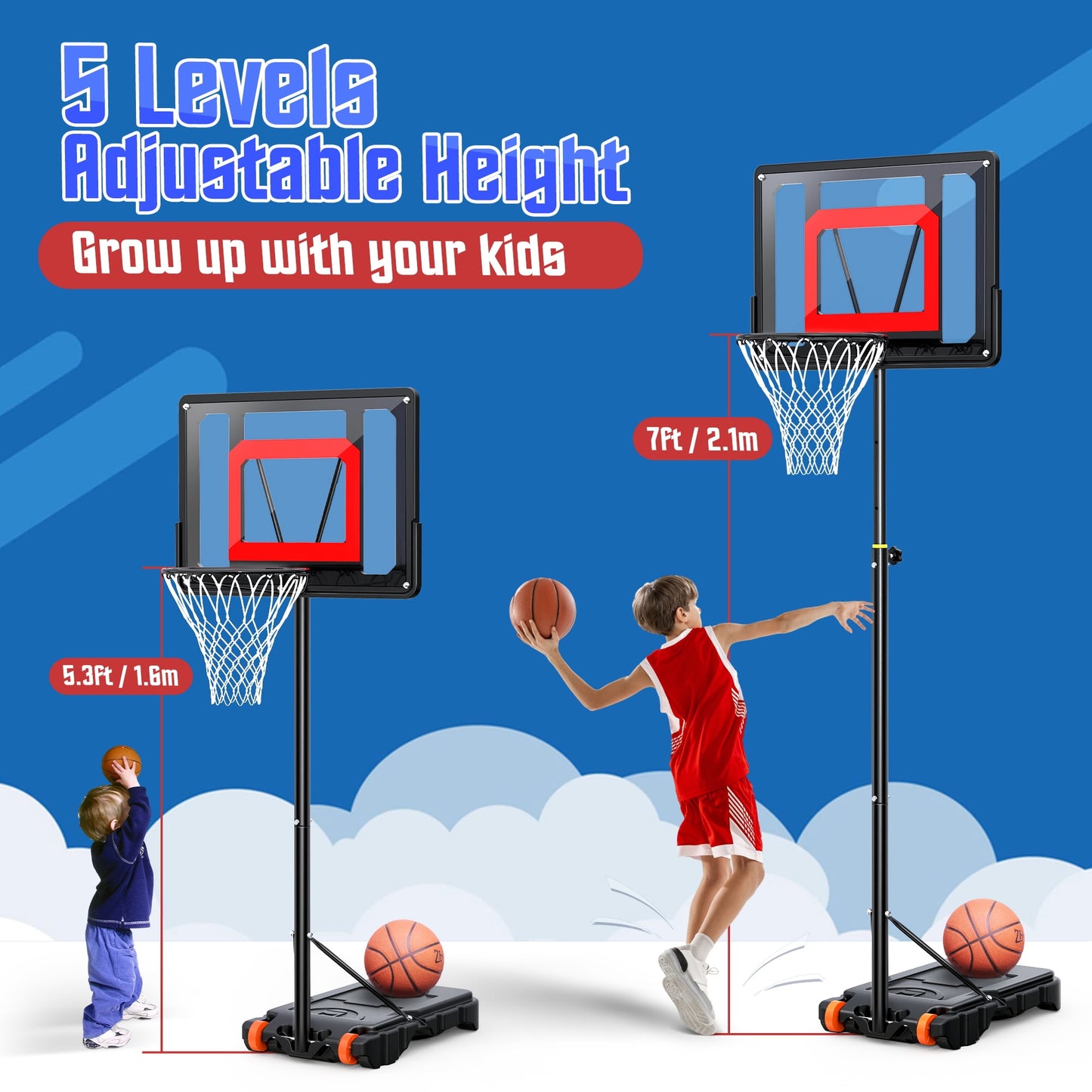iFanze Portable Basketball Hoop Outdoor, 5ft-7ft Height Adjustable Basketball Goal System with Shatterproof Backboard, Built-in Wheels for Kids Teenagers Youth Indoor Outdoor Play
