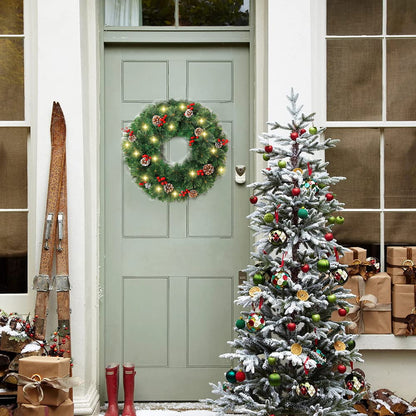 Melliful 24" Pre-Lit Christmas Wreaths ,Outdoor Lighted Christmas Wreath for Front Door ,Christmas Red Berries, Pine Cones Wreath, Xmas Wreath Decor for Window Fireplace Indoor ,Green