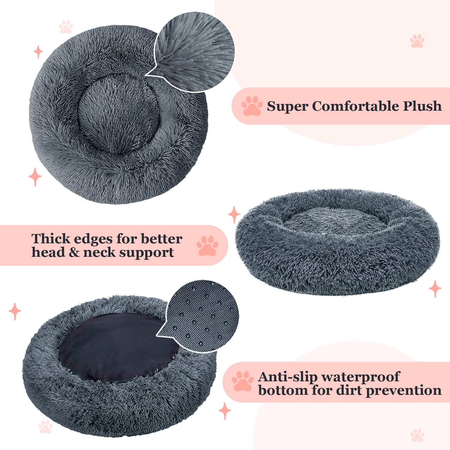 Calming Dog & Cat Bed, Anti-Anxiety Donut Cuddler Warming Cozy Soft Round Bed, Fluffy Faux Fur Plush Cushion bed for Small Medium Dogs and Cats, 24"