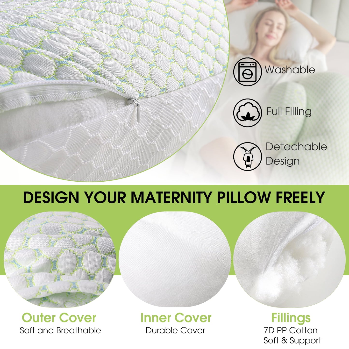 iFanze 36 inch Pregnancy Pillows for Sleeping, U Shaped Maternity Full Body Pillow for Pregnant Women with Belly, Back, Leg, Washable Cover, Green