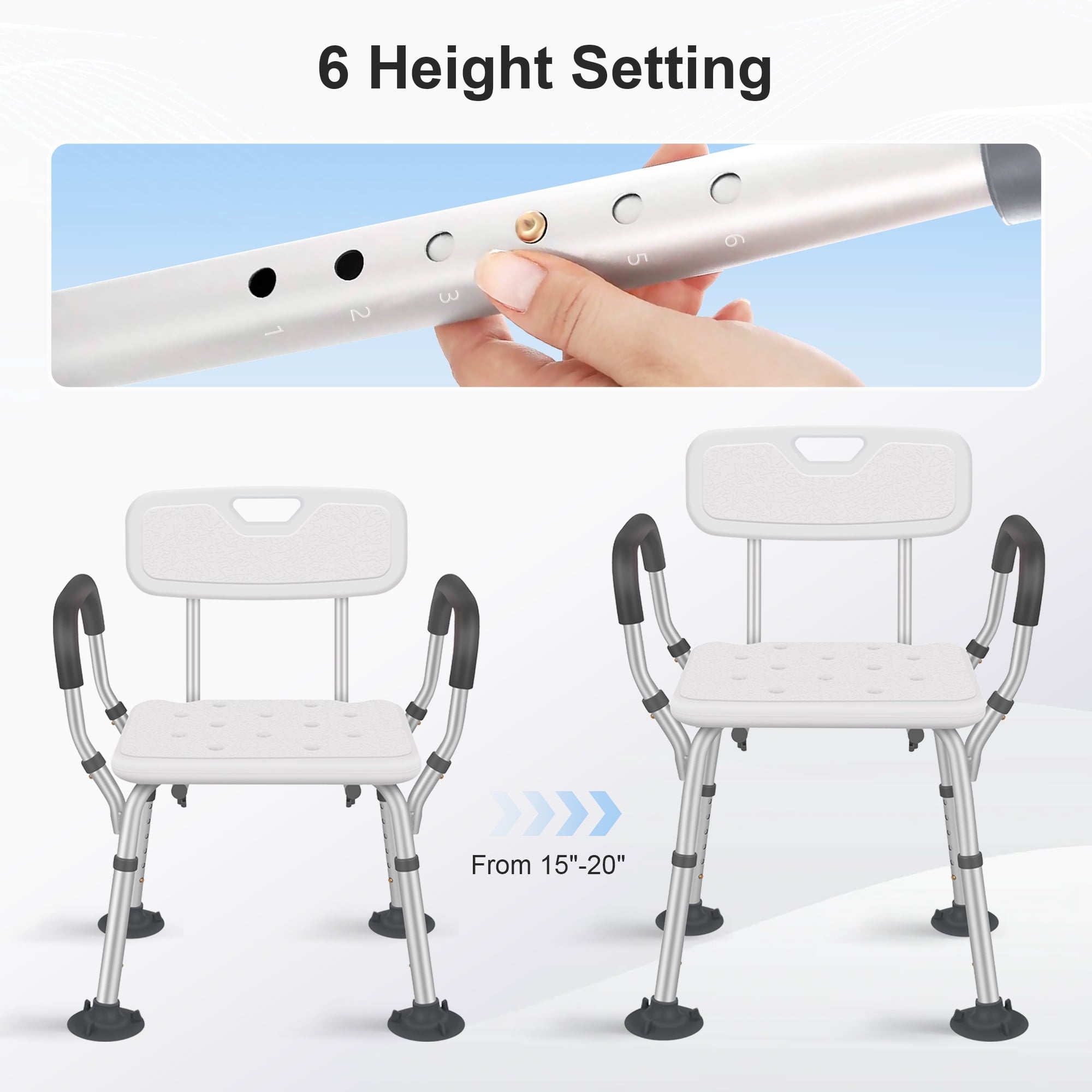 Posrue Adjustable Shower Chair, Shower Seat with Back and Padded Handles, Bath Chair for Seniors, Elderly, Disabled, Handicap and Injured, 350 lb Capacity