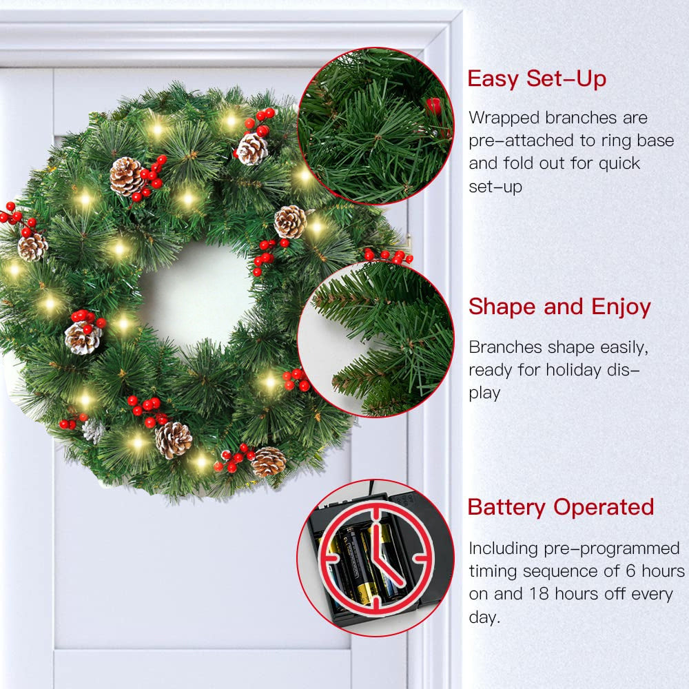 Melliful 24" Pre-Lit Christmas Wreaths ,Outdoor Lighted Christmas Wreath for Front Door ,Christmas Red Berries, Pine Cones Wreath, Xmas Wreath Decor for Window Fireplace Indoor ,Green
