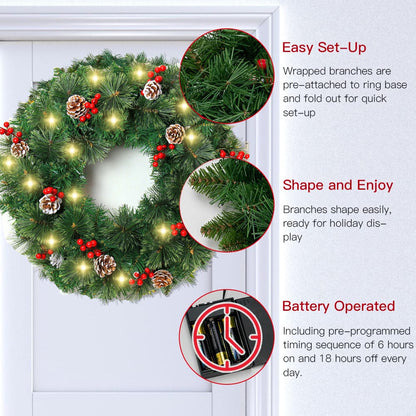 Melliful 24" Pre-Lit Christmas Wreaths ,Outdoor Lighted Christmas Wreath for Front Door ,Christmas Red Berries, Pine Cones Wreath, Xmas Wreath Decor for Window Fireplace Indoor ,Green