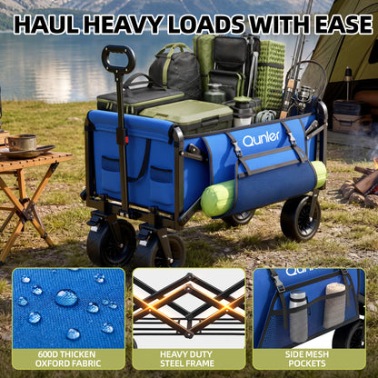 Qunler 560lbs Collapsible Folding Wagon, Heavy Duty Utility Beach Cart with 8" Wheels and Side Pocket, Large Capacity for Camping, Beach, Shopping, Sports, Outdoor, Blue