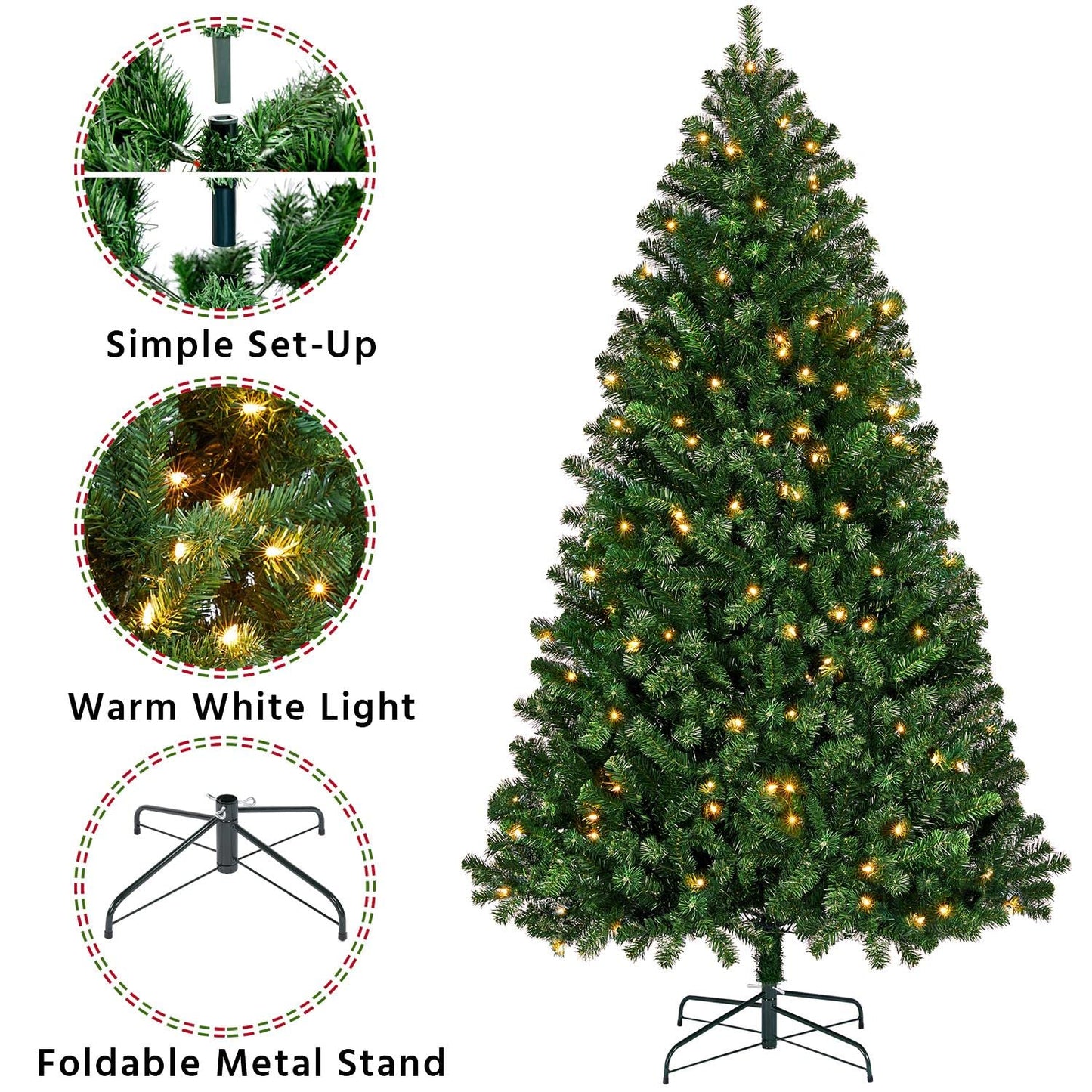 Melliful 6FT PRE-Lit Christmas Tree with 888 Tips, 200 Lights, Metal Base, Holiday Xmas Tree for Home Party Decoration
