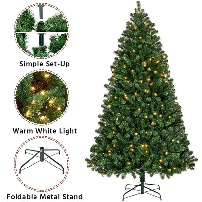 Melliful 6FT PRE-Lit Christmas Tree with 888 Tips, 200 Lights, Metal Base, Holiday Xmas Tree for Home Party Decoration
