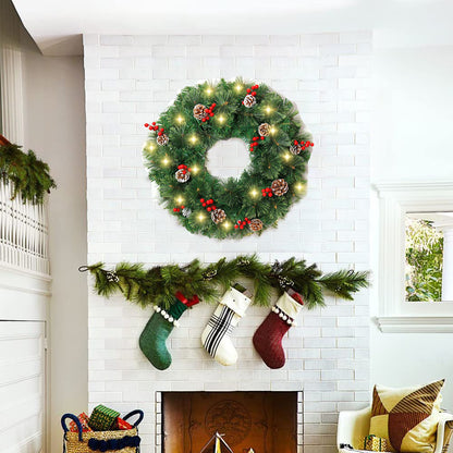 Melliful 24" Pre-Lit Christmas Wreaths ,Outdoor Lighted Christmas Wreath for Front Door ,Christmas Red Berries, Pine Cones Wreath, Xmas Wreath Decor for Window Fireplace Indoor ,Green