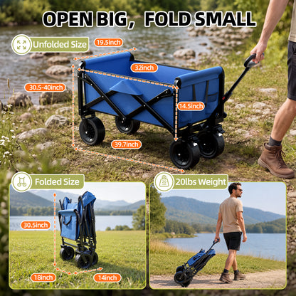 Qunler 560lbs Collapsible Folding Wagon, Heavy Duty Utility Beach Cart with 8" Wheels and Side Pocket, Large Capacity for Camping, Beach, Shopping, Sports, Outdoor, Blue