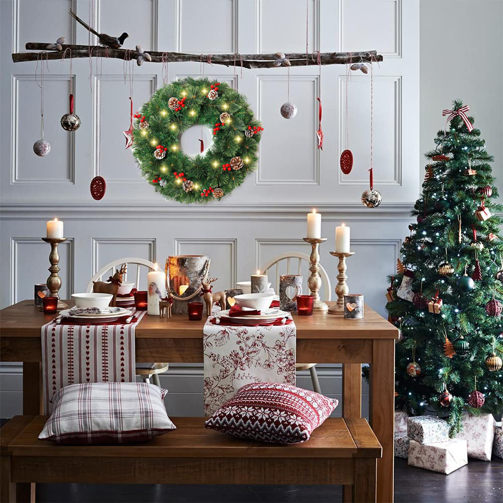 Melliful 24" Pre-Lit Christmas Wreaths ,Outdoor Lighted Christmas Wreath for Front Door ,Christmas Red Berries, Pine Cones Wreath, Xmas Wreath Decor for Window Fireplace Indoor ,Green