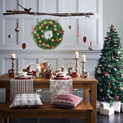 Melliful 24" Pre-Lit Christmas Wreaths ,Outdoor Lighted Christmas Wreath for Front Door ,Christmas Red Berries, Pine Cones Wreath, Xmas Wreath Decor for Window Fireplace Indoor ,Green