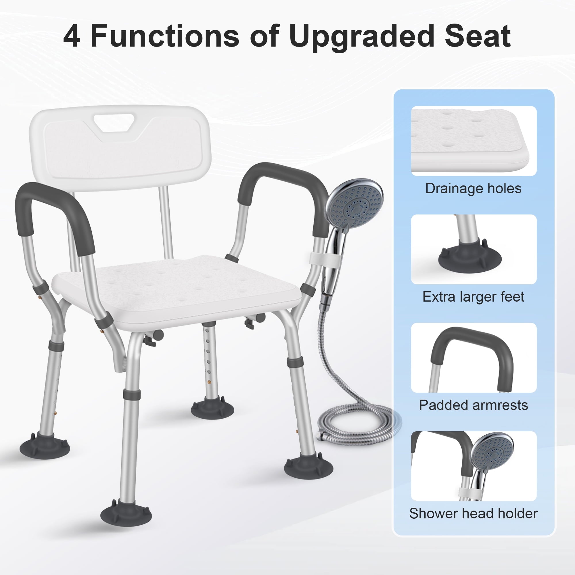 Posrue Adjustable Shower Chair, Shower Seat with Back and Padded Handles, Bath Chair for Seniors, Elderly, Disabled, Handicap and Injured, 350 lb Capacity