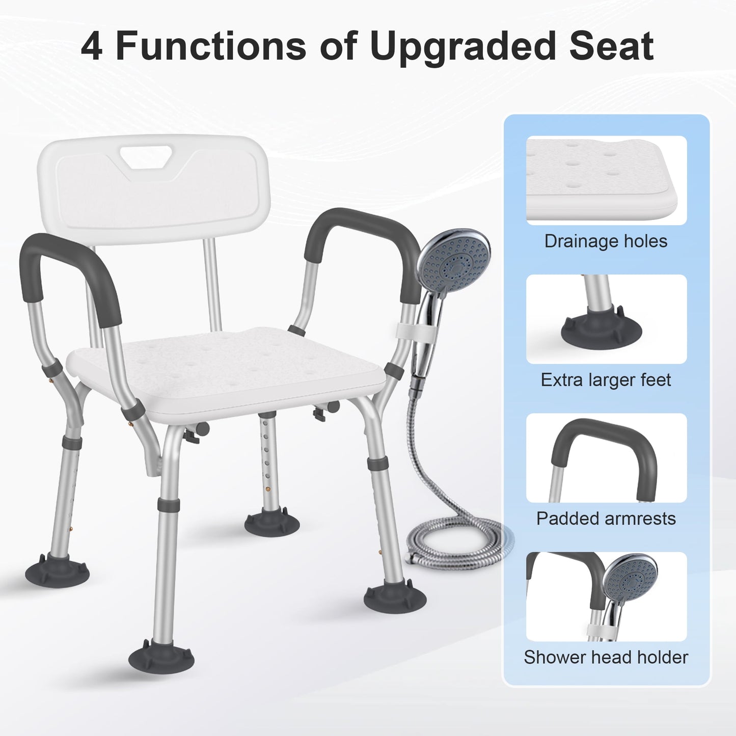 Adjustable Shower Chair, Shower Seat with Back and Padded Handles, Bath Chair for Seniors, Elderly, Disabled, Handicap and Injured, 350 lb Capacity