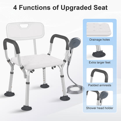 Adjustable Shower Chair, Shower Seat with Back and Padded Handles, Bath Chair for Seniors, Elderly, Disabled, Handicap and Injured, 350 lb Capacity