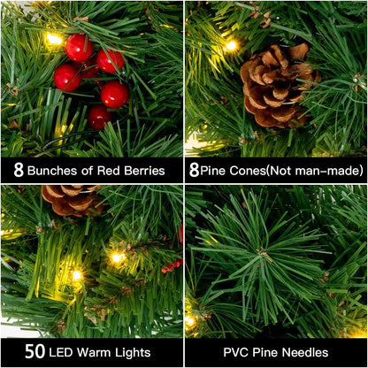 Melliful 24" Pre-Lit Christmas Wreaths ,Outdoor Lighted Christmas Wreath for Front Door ,Christmas Red Berries, Pine Cones Wreath, Xmas Wreath Decor for Window Fireplace Indoor ,Green