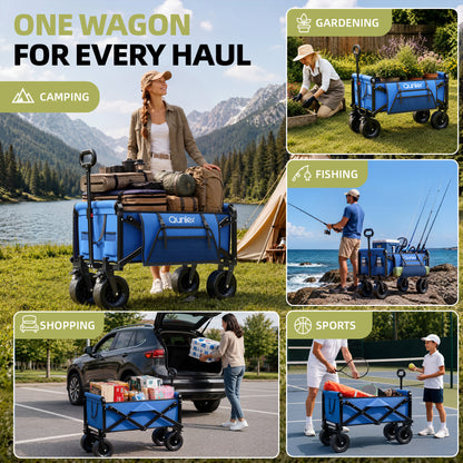 Qunler 560lbs Collapsible Folding Wagon, Heavy Duty Utility Beach Cart with 8" Wheels and Side Pocket, Large Capacity for Camping, Beach, Shopping, Sports, Outdoor, Blue