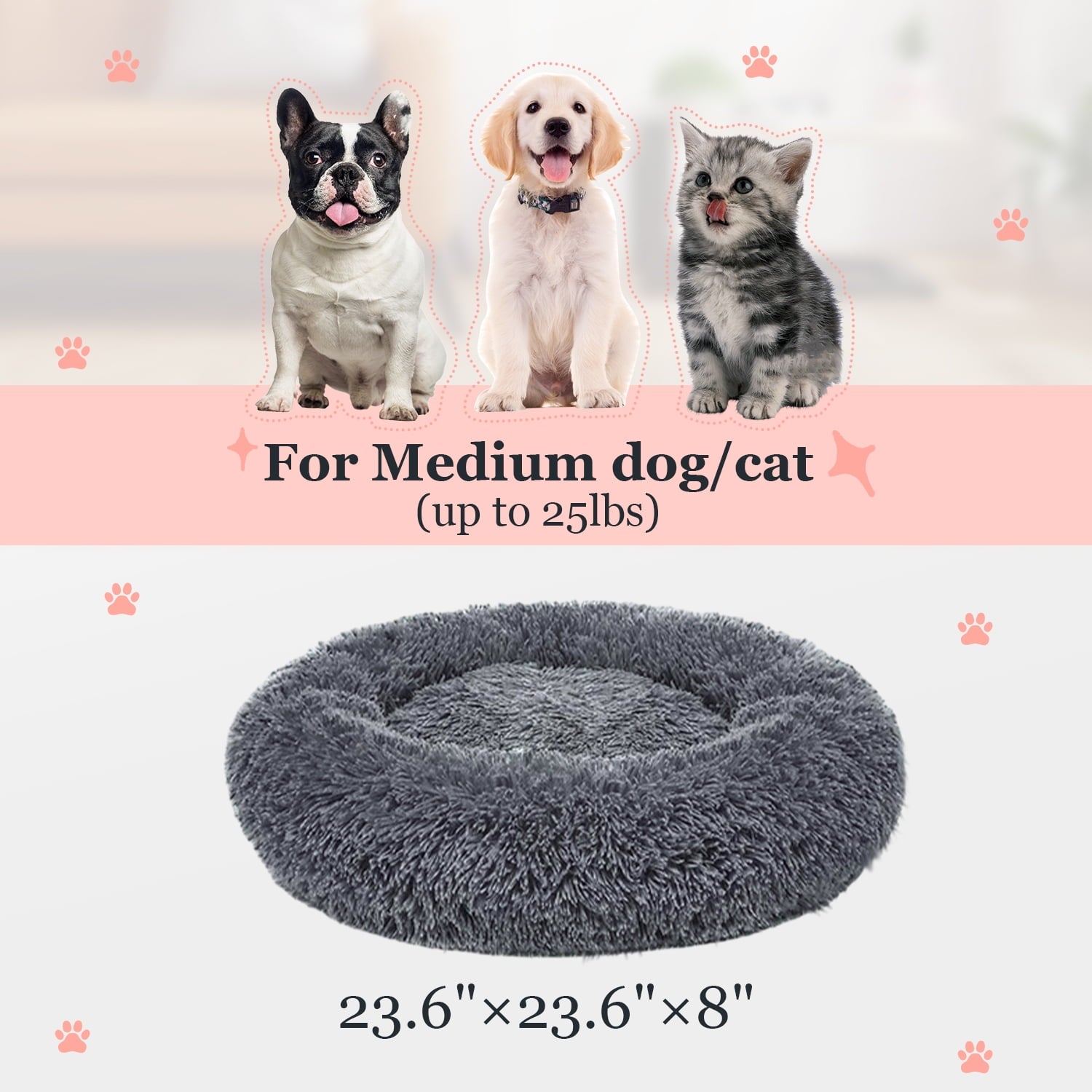 Calming Dog & Cat Bed, Anti-Anxiety Donut Cuddler Warming Cozy Soft Round Bed, Fluffy Faux Fur Plush Cushion bed for Small Medium Dogs and Cats, 24"