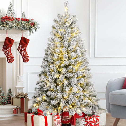 Qunler 4FT Pre-Lit Flocked Christmas Tree with 360 Branch Tips, Snow Artificial Xmas Tree with 100 LED Lights for Holiday, Outdoor, Indoor, Home