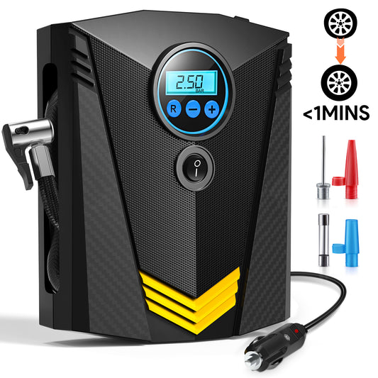 Tire Inflator, Portable Air Compressor for Car, Auto Air Pump with LED Light 12V DC, 150PSI Tire Pump Electric Air Pump for Car, Bicycle, Motorcycle,Bikes,Balls,Balloons, Black