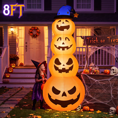 8 ft Halloween Pumpkin Stack Inflatable Decoration with Witch Hat, Lighted Blow up Yard Decor for Outdoor Lawn Garden