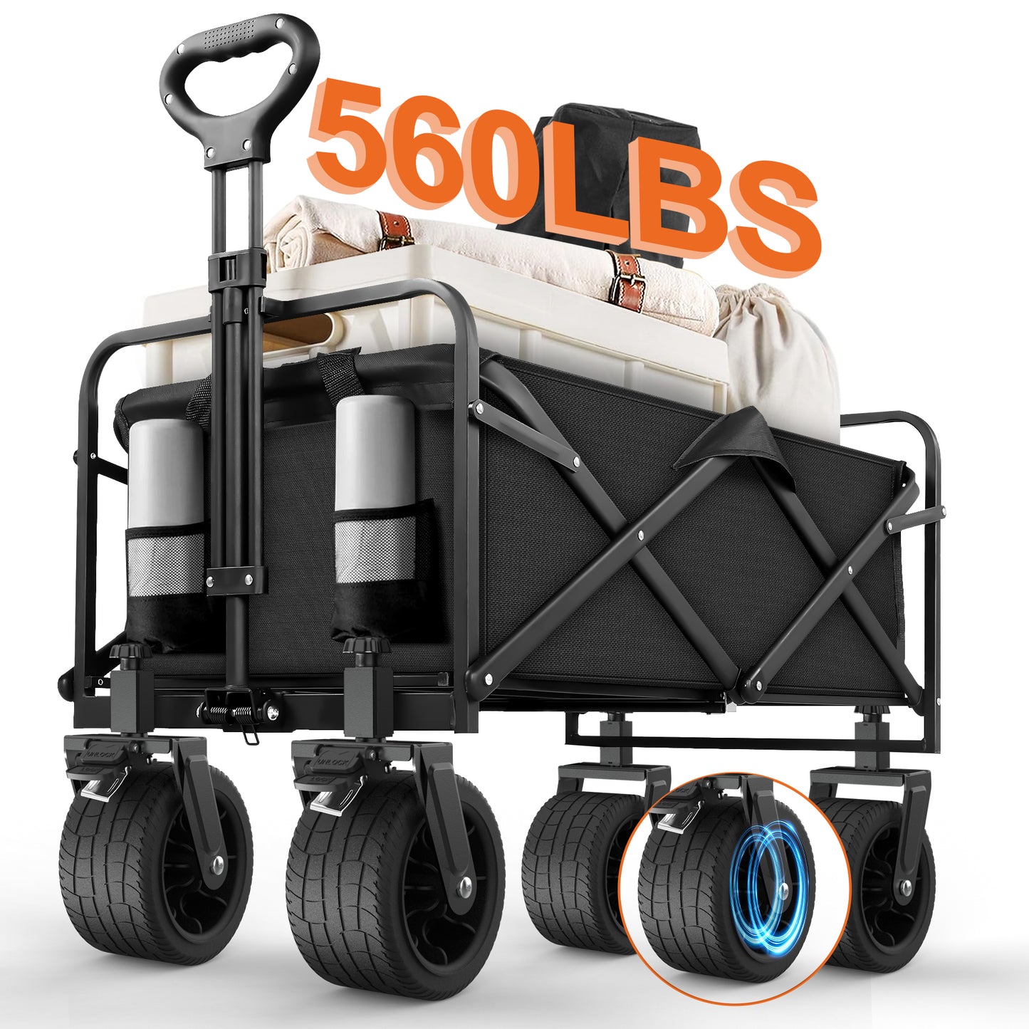 Qunler Large Collapsible Folding Wagon, 560 lbs Heavy Duty Big Bucket Utility Garden Cart with Oversized Tank Wheels for Sports, Shopping, Camping Kids, Black