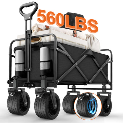 Qunler Large Collapsible Folding Wagon, 560 lbs Heavy Duty Big Bucket Utility Garden Cart with Oversized Tank Wheels for Sports, Shopping, Camping Kids, Black