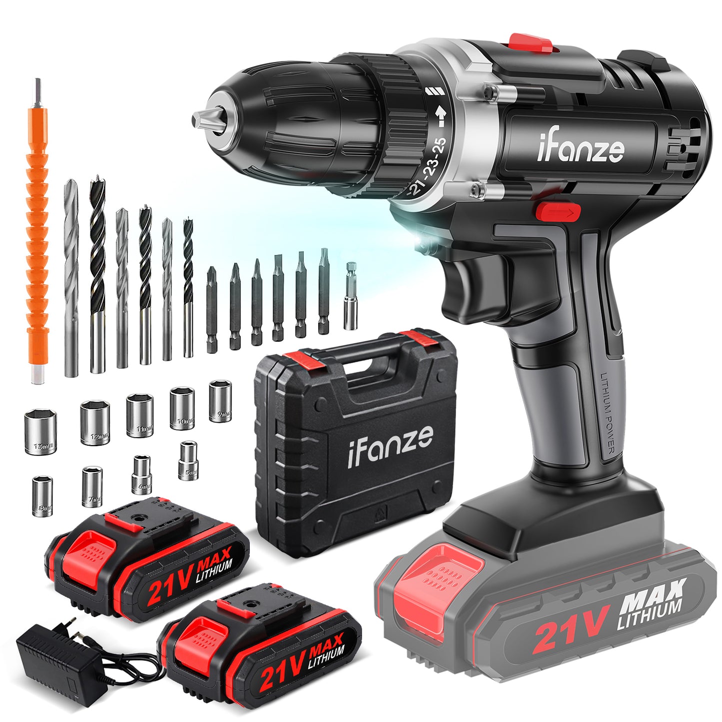 21V Cordless Drill, 3/8 inch Power Drill Driver Set with 2 Batteries Fast Charger, 2 Variable Speed, Built-in LED, Power Drills for Drilling and Tightening/Loosening Screws