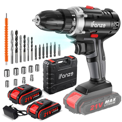 21V Cordless Drill, 3/8 inch Power Drill Driver Set with 2 Batteries Fast Charger, 2 Variable Speed, Built-in LED, Power Drills for Drilling and Tightening/Loosening Screws