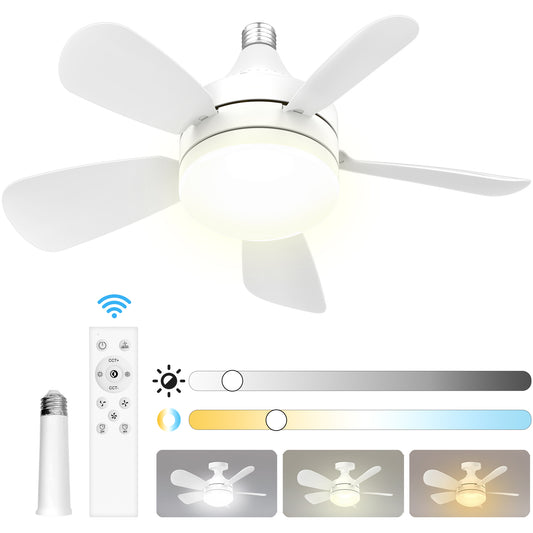 Socket Fan Light, Ceiling Fans with Lights and Remote, 3000K-6500K Dimmable LED Ceiling Fan with Light, 2000 Lumens Light Bulb Screw in Ceiling Fan for Bedroom Kitchen Living Room Closet Garage, White