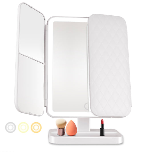 Melliful Makeup Mirror Vanity Mirror with Lights, 2X 3X Magnification, Lighted Makeup Mirror, Touch Control, Trifold Makeup Mirror, Dual Power Supply, Portable LED Makeup Mirror, Women Gift (White)