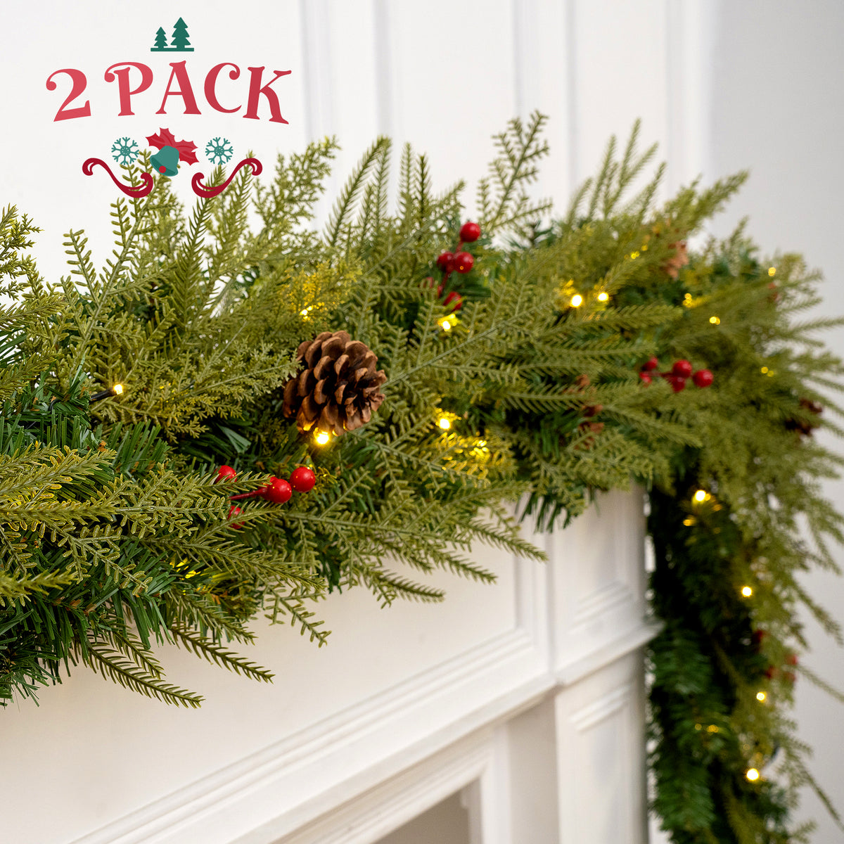 2 Pack - 9ft Outdoor Pre-Lit Christmas Garland, PE+PVC Lighted Pine Garland for Fireplace Mantel with Lights & Timer, 8 Modes, Battery Operated, Green