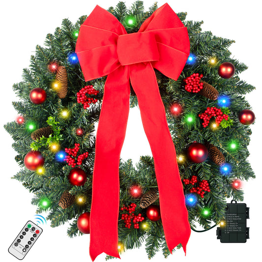 Qunler 24in Pre-Lit Christmas Wreaths for Front Door Window, Artificial Evergreen Wreaths with Bow & Lights for Indoor Outdoor Christmas Decorations, Green