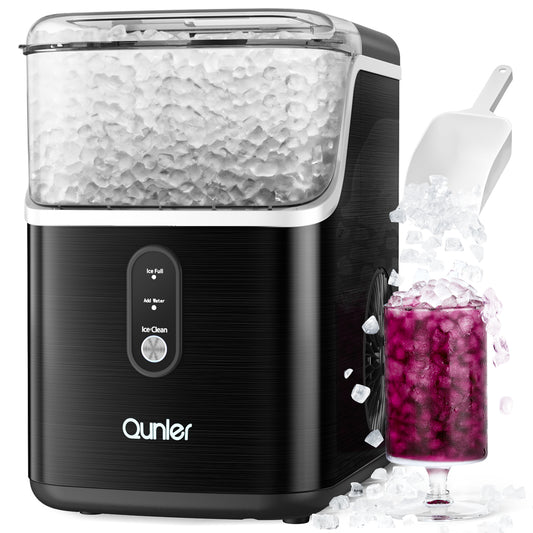 Qunler Nugget Ice Maker Countertops, 33lbs Per Day Portable Pebble ice machine, Crushed Sonic ice maker with Soft Chewable Ice for Home, Party, RV, Camping, Stainless Steel Black