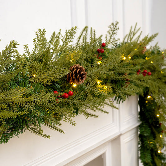 9ft Outdoor Pre-Lit Christmas Garland, PE+PVC Lighted Pine Garland for Fireplace Mantel with Lights & Timer, 8 Modes, Battery Operated, Green