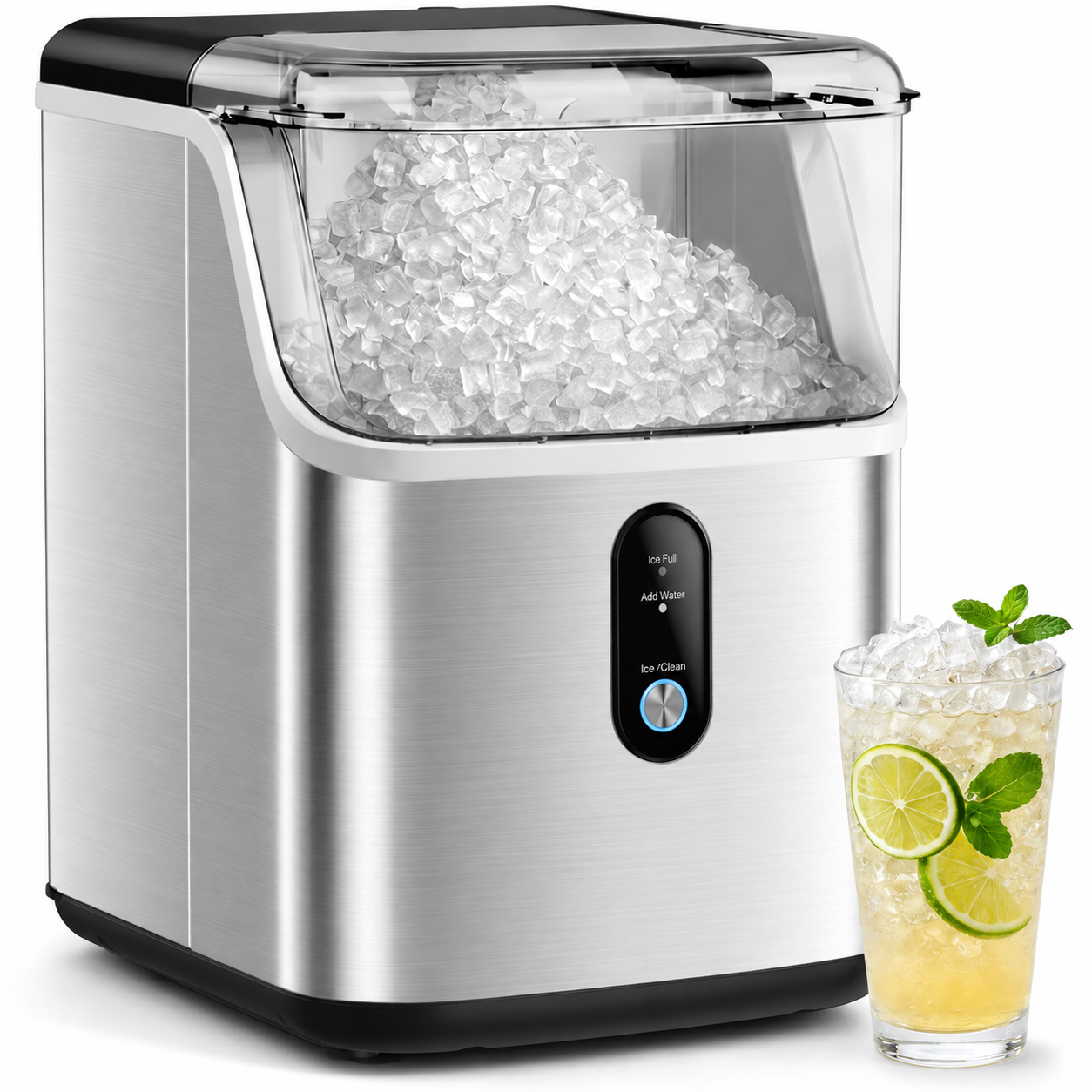 Qunler Countertop Nugget Ice Maker Machine, 33lb/Day Soft Chewable Pebble Crushed Portable Ice Maker, Stainless Steel