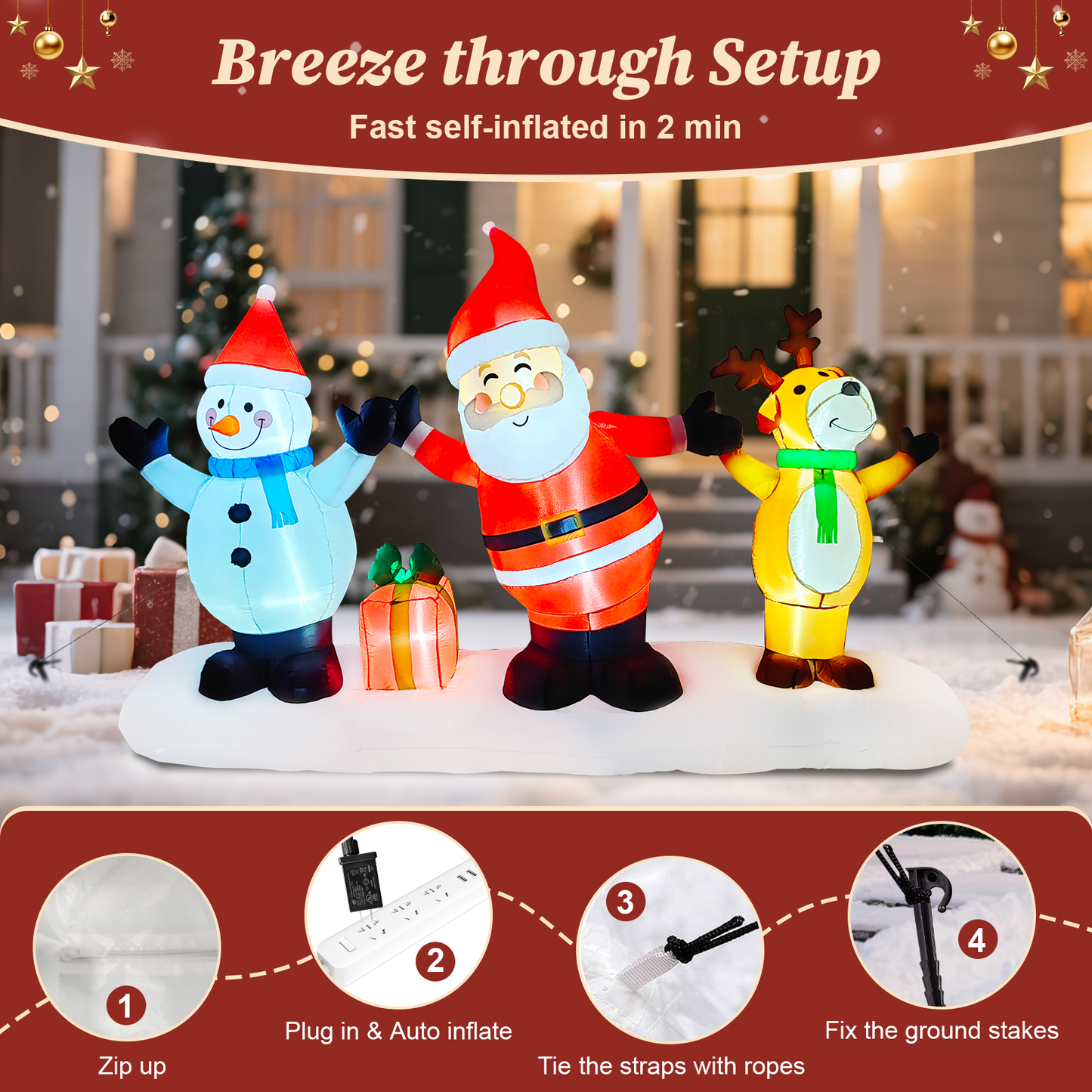 Qunler 9FT Long Santa Claus Snowman & Reindeer Group Christmas Inflatables Outdoor Decorations, Blow Up Yard Decorations with Built-in LED Lights
